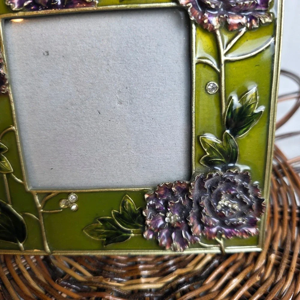Vintage 90s Style Enamel Floral Picture Frame Green Purple Rhinestone Jeweled